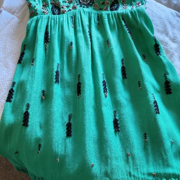 Anthropologie Floreat Ijada Green Embroidered Sequin Stitch Hi-Low Ruffle Dress - Picture 6 of 9